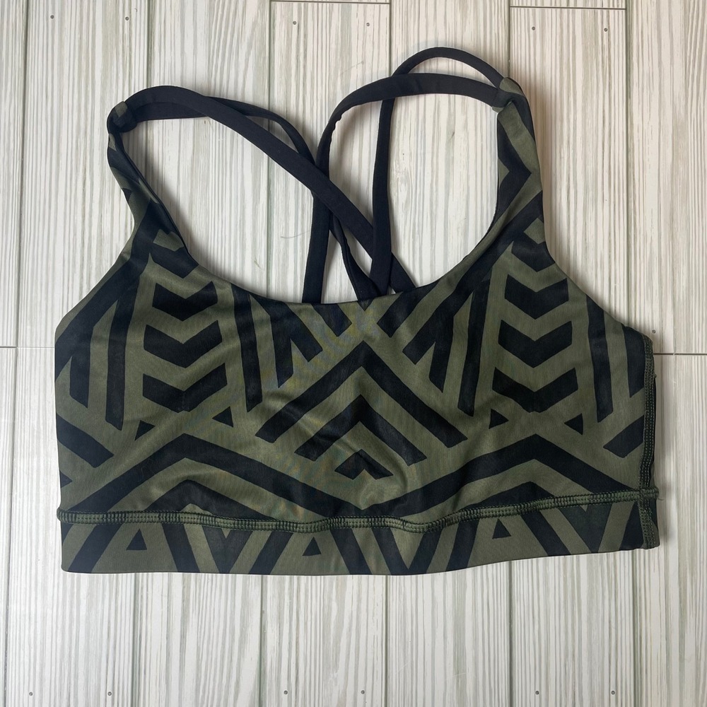 Lululemon Energy Bra Olive Green Black Geometric Chevron Strappy Sports Bra